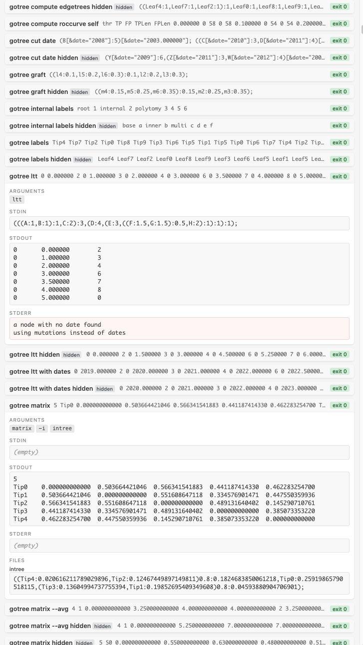 A list of gotree test cases, some marked hidden